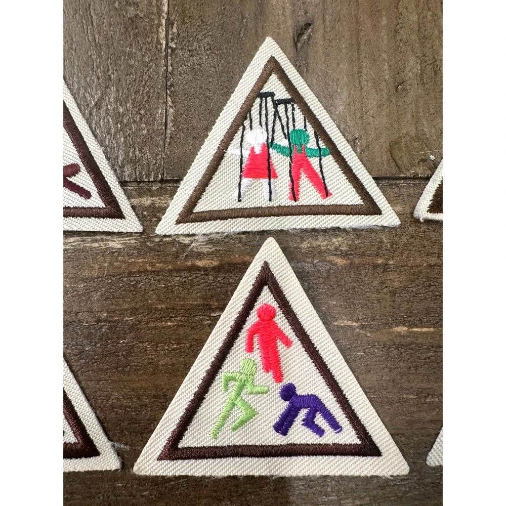 Vintage Girl Scout Brown Border Triangle Proficiency Badges Sports Rec Lot of 6